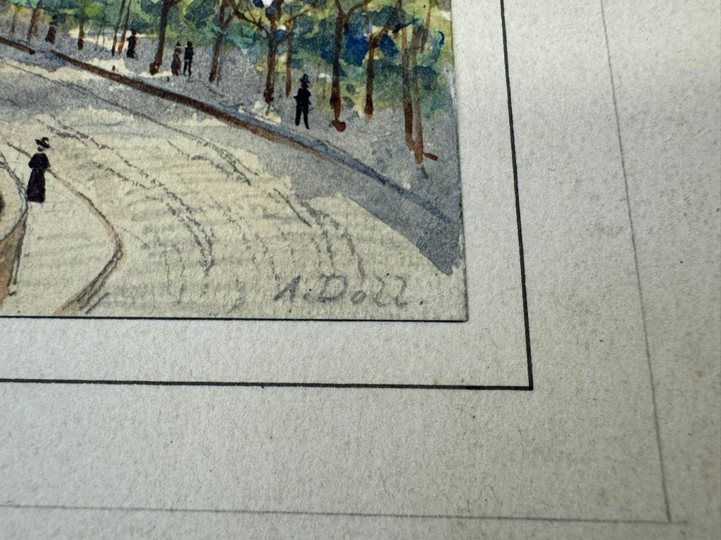 Buntes Aquarell signiert A. Doll auf Karton Geklebt