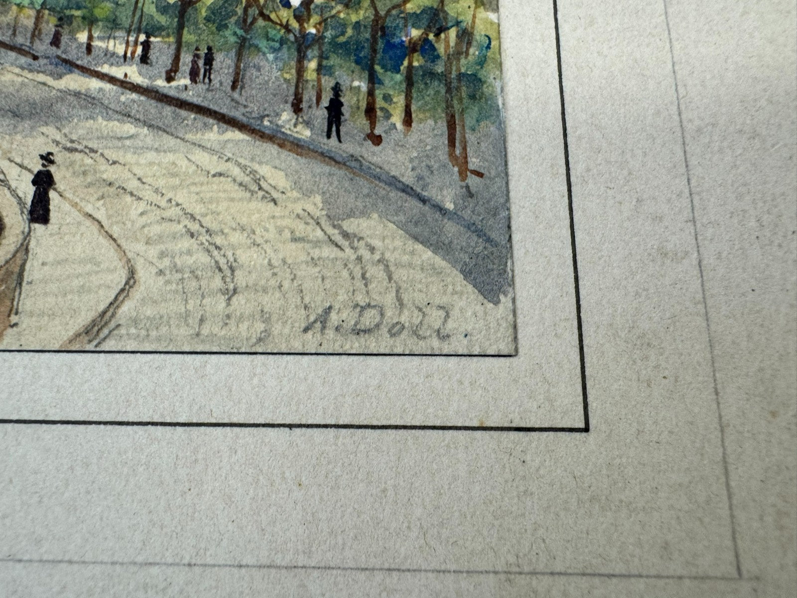 Buntes Aquarell signiert A. Doll auf Karton Geklebt
