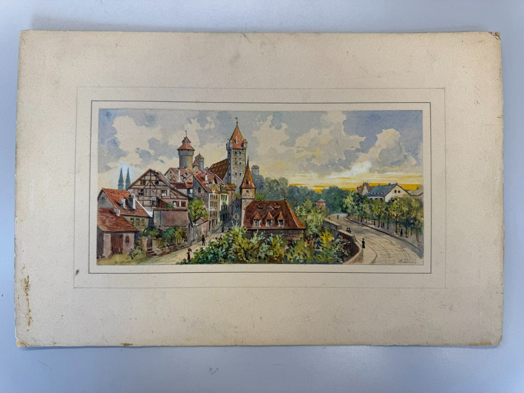 BUNTES AQUARELL SIGNIERT A. DOLL AUF KARTON GEKLEBT