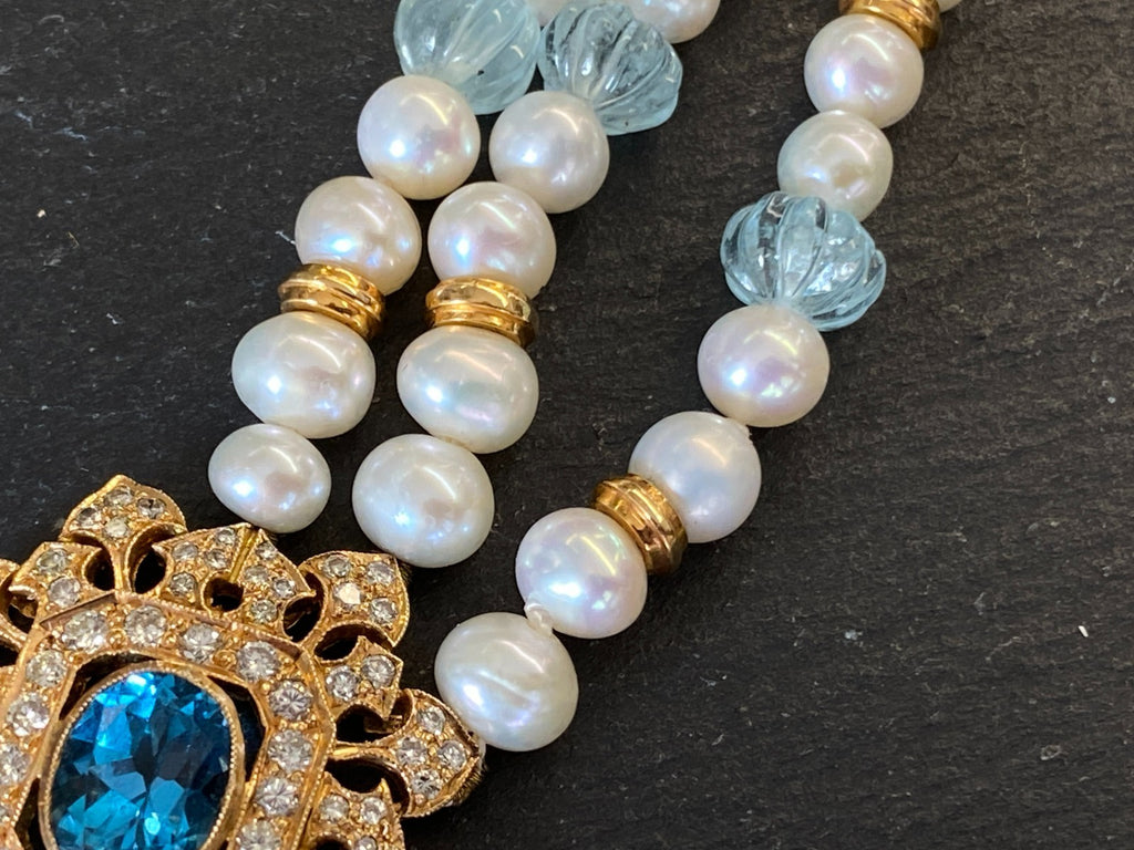 Herausragendes Collier 18 K Gelbgold 280 Diamanten 2,67ct Topas 9,2ct Aquamarin