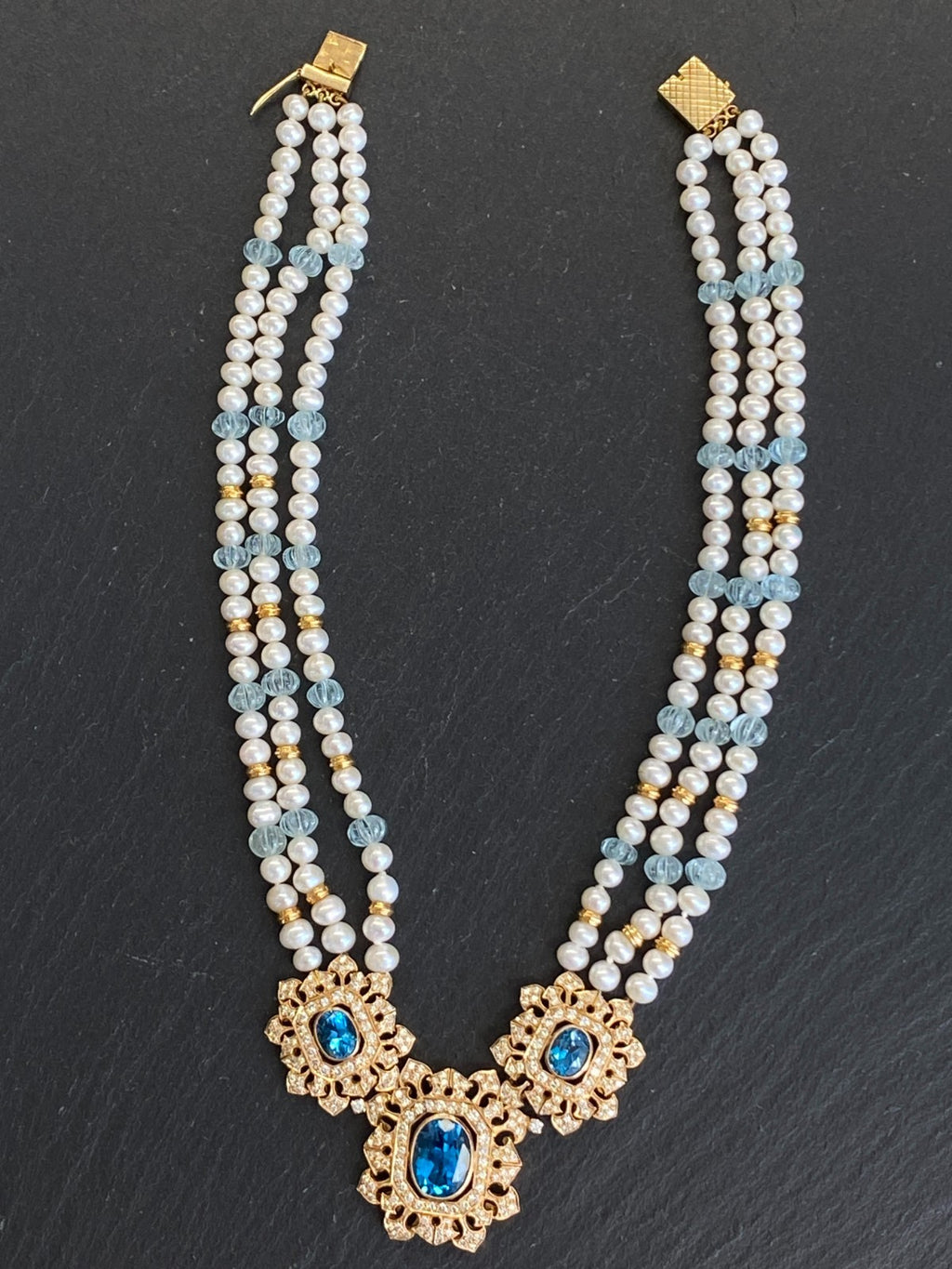 Herausragendes Collier 18 K Gelbgold 280 Diamanten 2,67ct Topas 9,2ct Aquamarin
