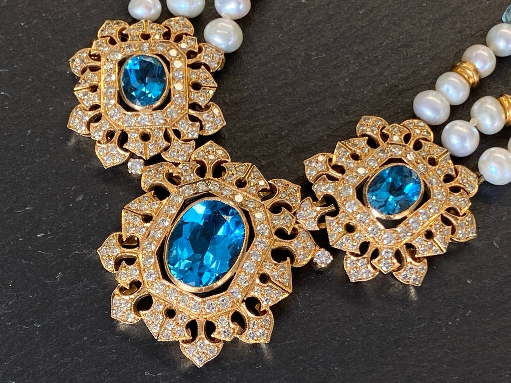 Herausragendes Collier 18 K Gelbgold 280 Diamanten 2,67ct Topas 9,2ct Aquamarin