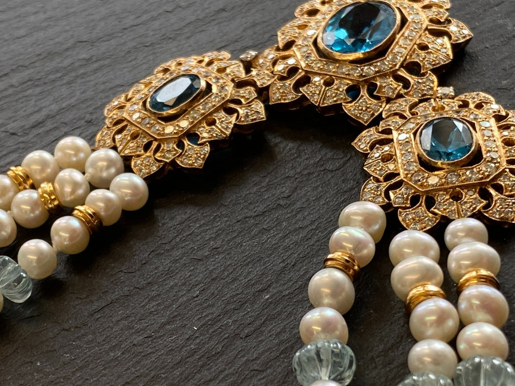 Herausragendes Collier 18 K Gelbgold 280 Diamanten 2,67ct Topas 9,2ct Aquamarin