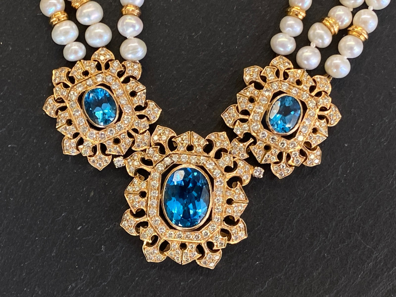 Herausragendes Collier 18 K Gelbgold 280 Diamanten 2,67ct Topas 9,2ct Aquamarin