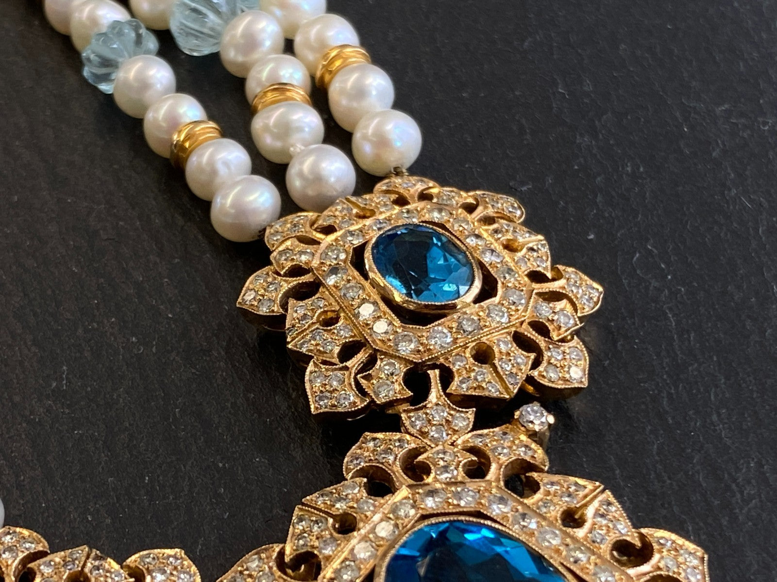 Herausragendes Collier 18 K Gelbgold 280 Diamanten 2,67ct Topas 9,2ct Aquamarin