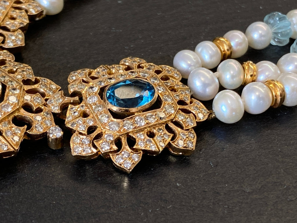 Herausragendes Collier 18 K Gelbgold 280 Diamanten 2,67ct Topas 9,2ct Aquamarin