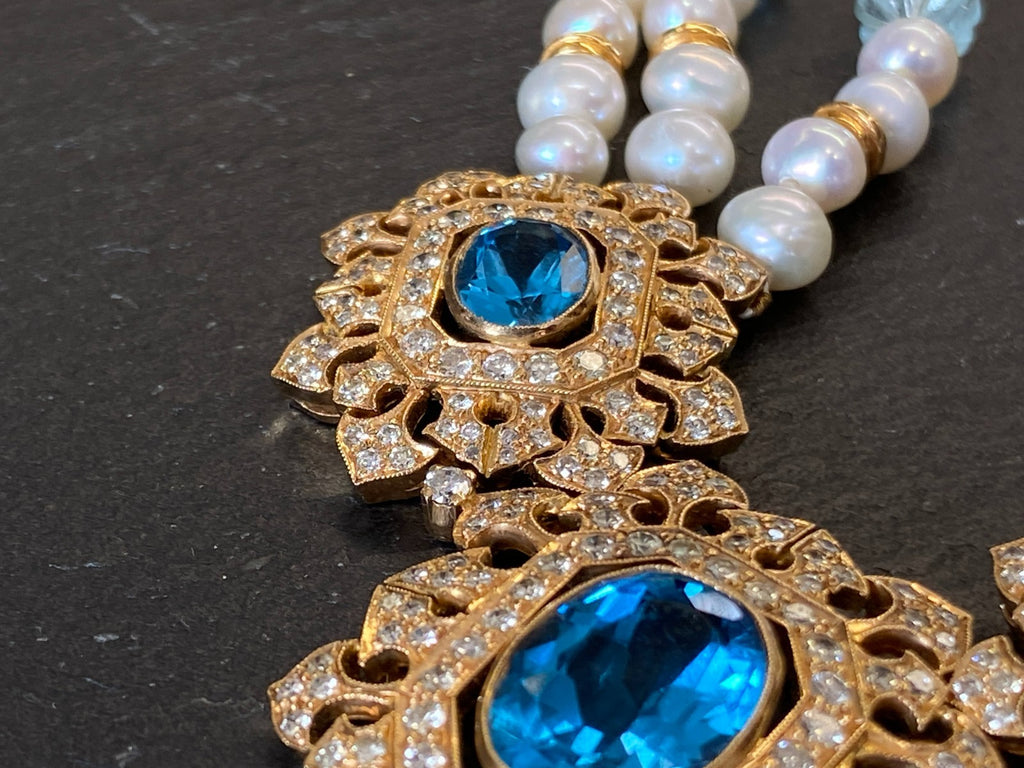 Herausragendes Collier 18 K Gelbgold 280 Diamanten 2,67ct Topas 9,2ct Aquamarin