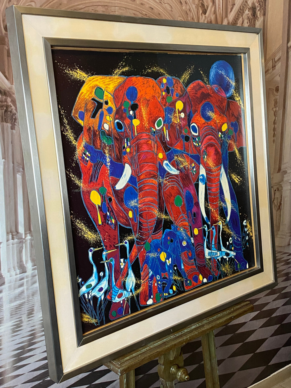 Jiang Tiefeng Serigraphie Afrika Elefanten massiv gerahmt