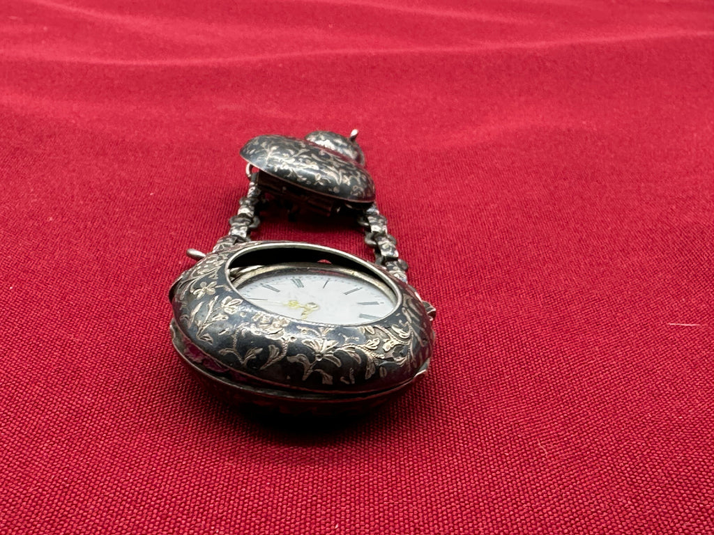 Antike Chatelaine für Taschenuhr um 1880 aus Tula Silber mit Defekter Uhr