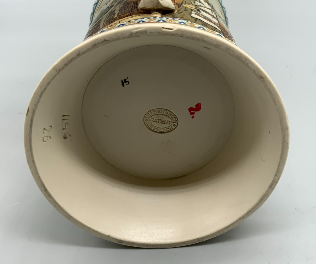 Antiker Krug Steingut Mettlach Villeroy &amp; Boch Emaille Polychromie Personen