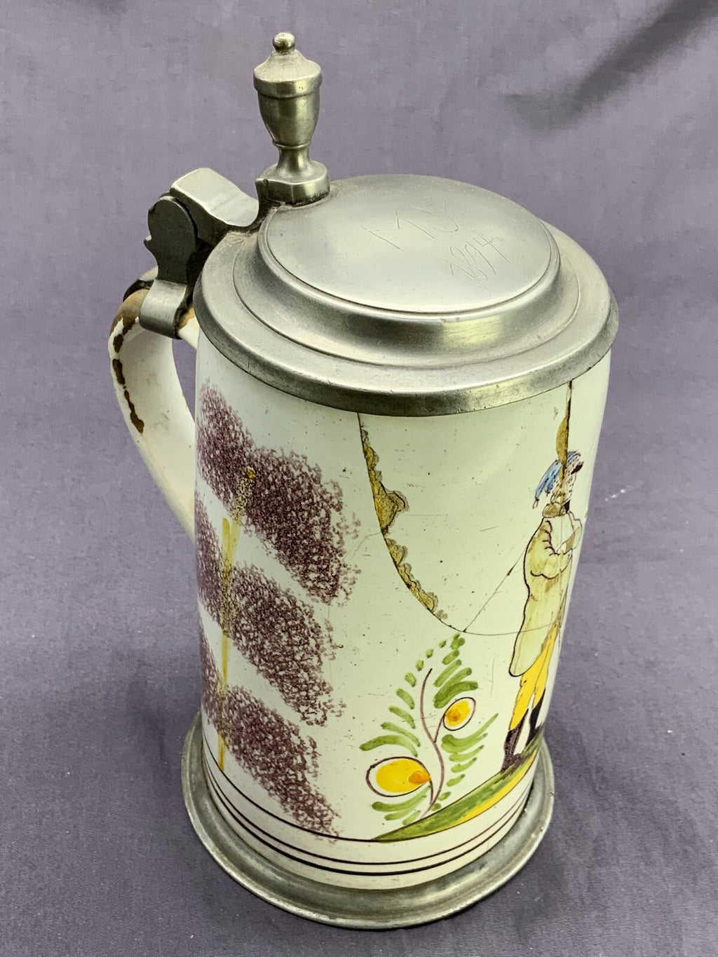 Antiker Krug 19 tes Jhdt Barockkrug Humpen Keramik mit Zinndeckel gebrochen