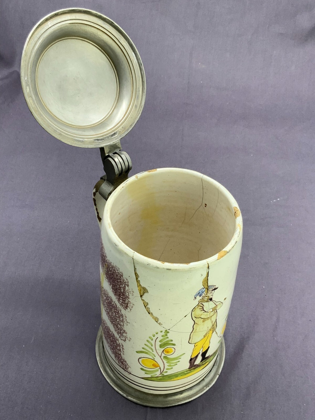 Antiker Krug 19 tes Jhdt Barockkrug Humpen Keramik mit Zinndeckel gebrochen