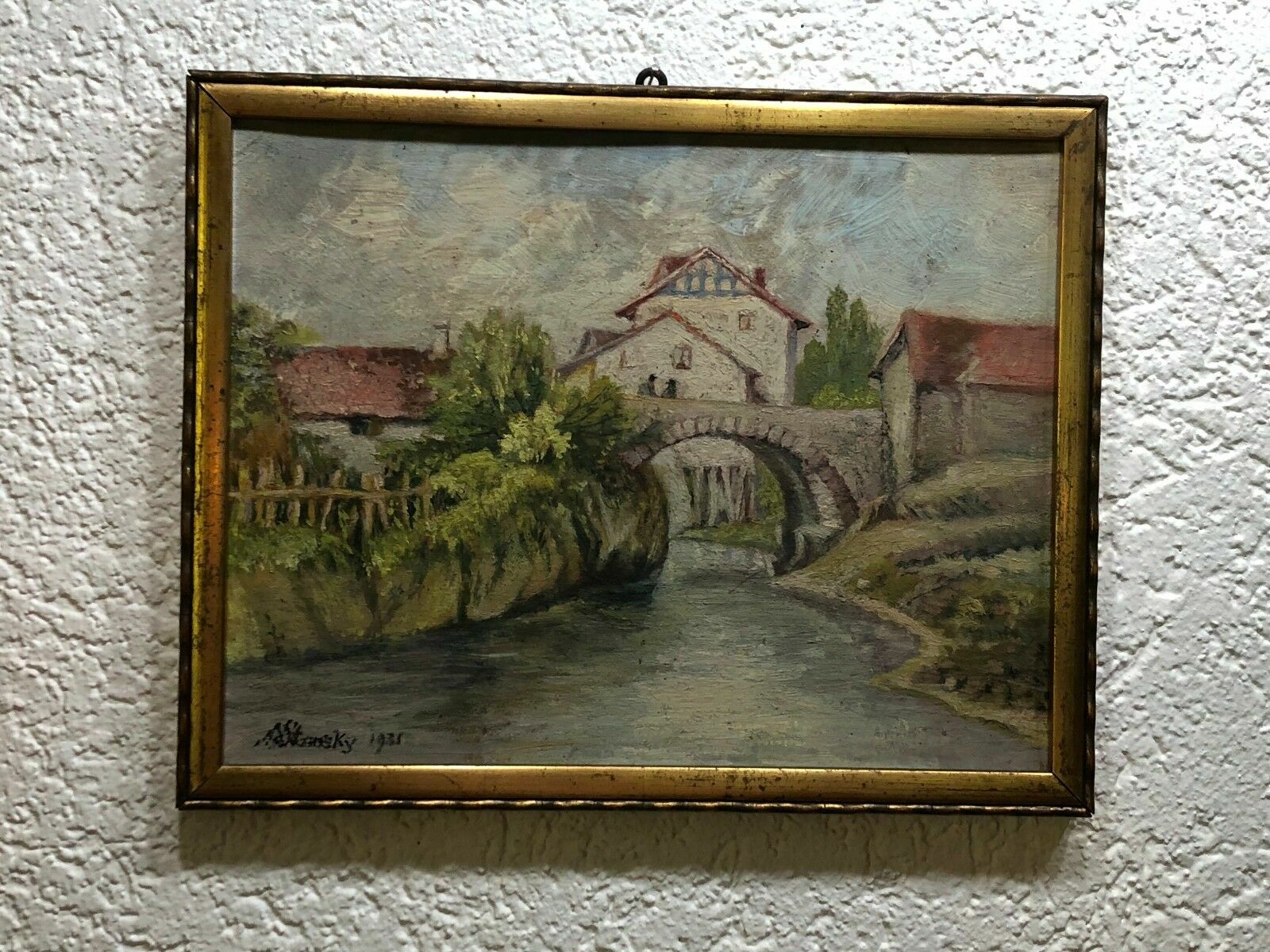 Ölgemälde Idyllische Dorf Szenerie Gemälde 1931 Ferdinand Stransky (1904-1981)