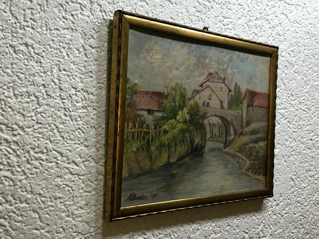 Ölgemälde Idyllische Dorf Szenerie Gemälde 1931 Ferdinand Stransky (1904-1981)
