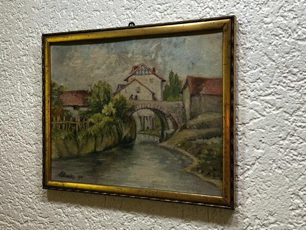 Ölgemälde Idyllische Dorf Szenerie Gemälde 1931 Ferdinand Stransky (1904-1981)