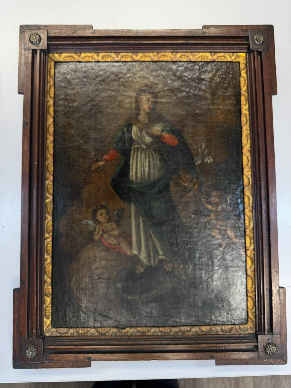 ANTIKES BAROCK GEMÄLDE ÖLGEMÄLDE 18 TES JH HEILIGE MARIA MIT ENGELN