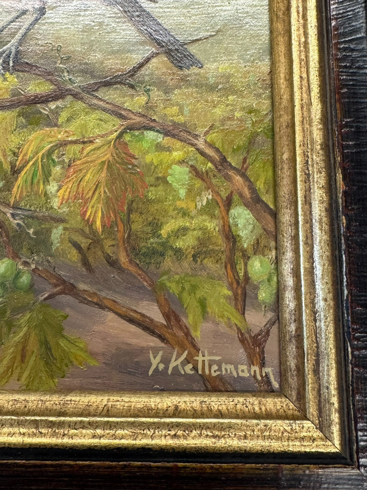 Ölgemälde Vogel auf Ast Y. Kettemann Rahmen
