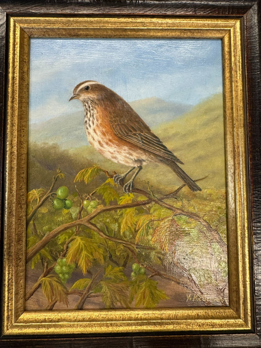 Ölgemälde Vogel auf Ast Y. Kettemann Rahmen