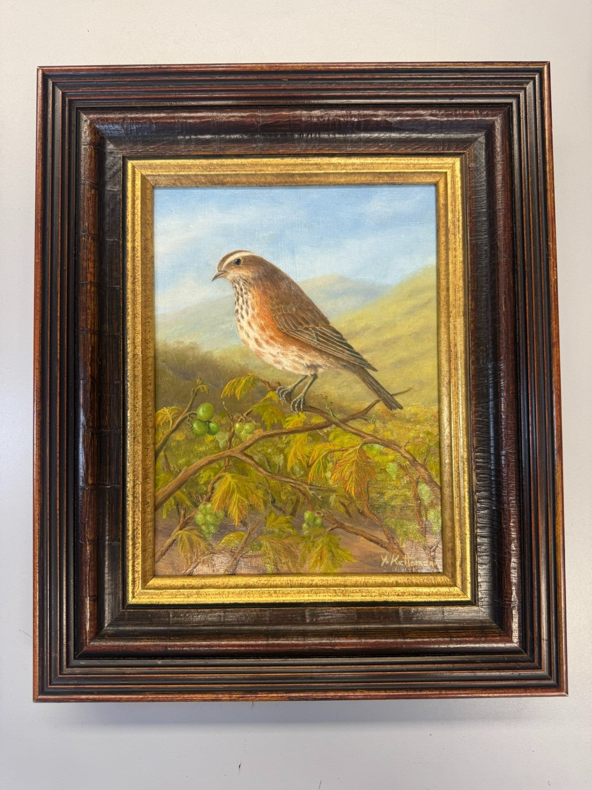 Ölgemälde Vogel auf Ast Y. Kettemann Rahmen