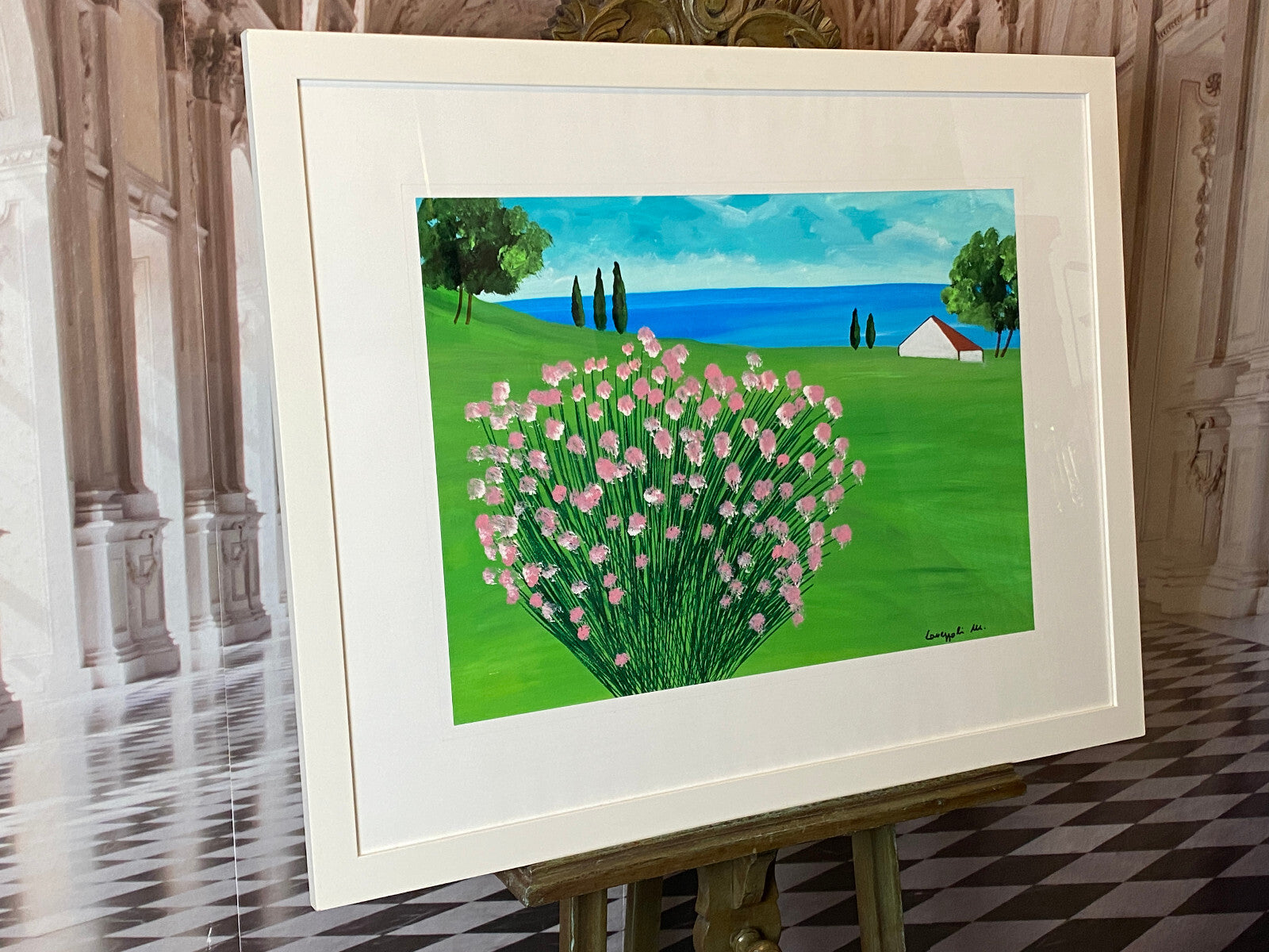 Sehr grosses Aquarell massiv gerahmt Landschaft Blumen signiert M. Lavezolli