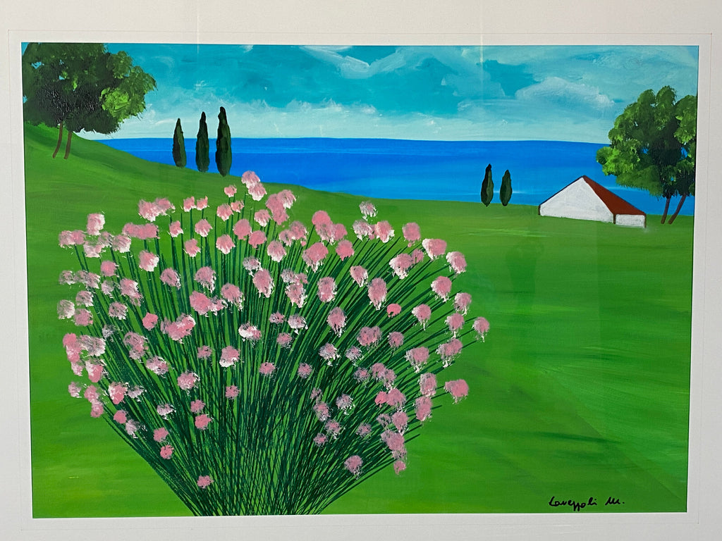 Sehr grosses Aquarell massiv gerahmt Landschaft Blumen signiert M. Lavezolli