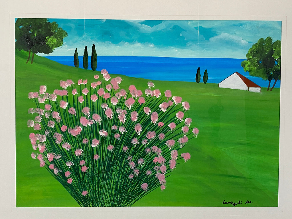 Sehr grosses Aquarell massiv gerahmt Landschaft Blumen signiert M. Lavezolli