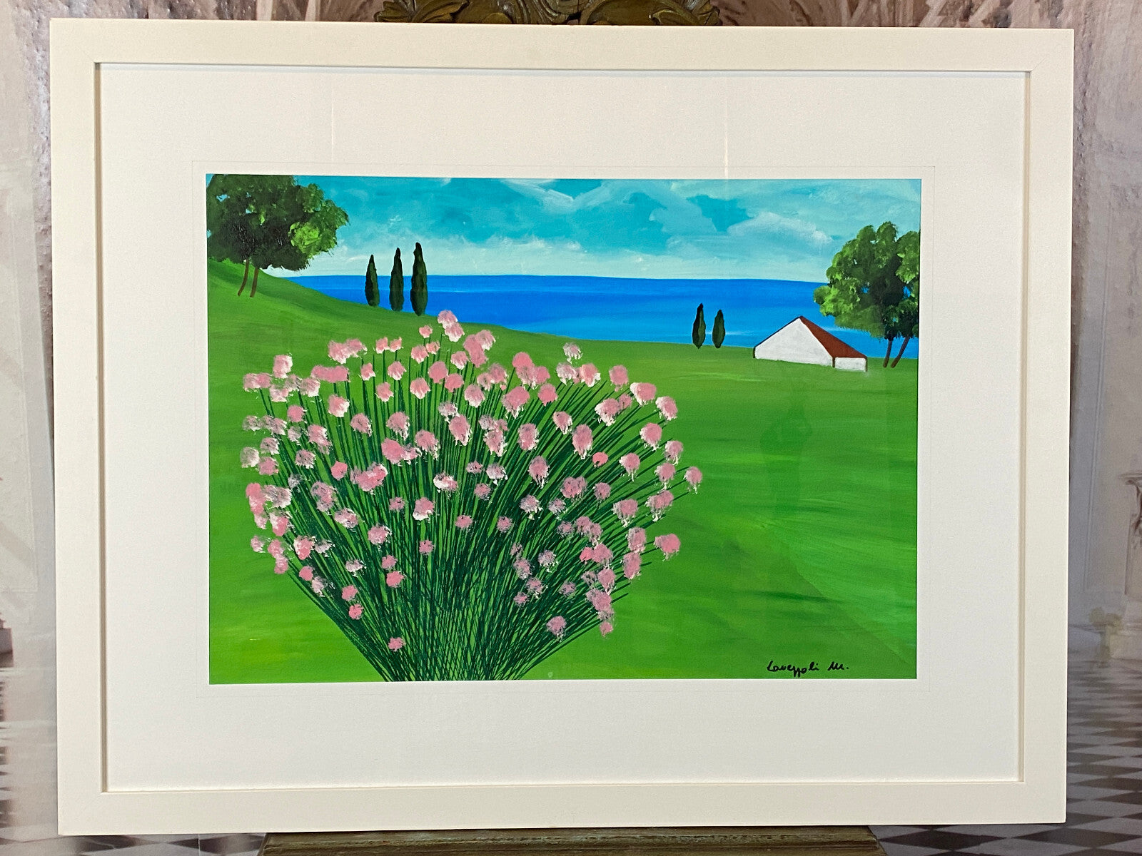 Sehr grosses Aquarell massiv gerahmt Landschaft Blumen signiert M. Lavezolli