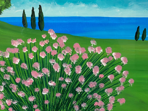 Sehr grosses Aquarell massiv gerahmt Landschaft Blumen signiert M. Lavezolli