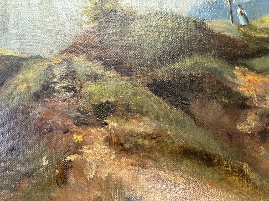 Ölgemälde Personen auf dem Berg Landschaft Blattgold Rahmen