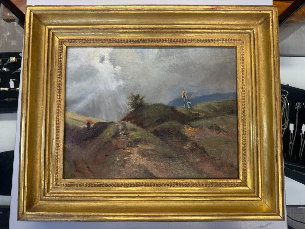 Ölgemälde Personen auf dem Berg Landschaft Blattgold Rahmen