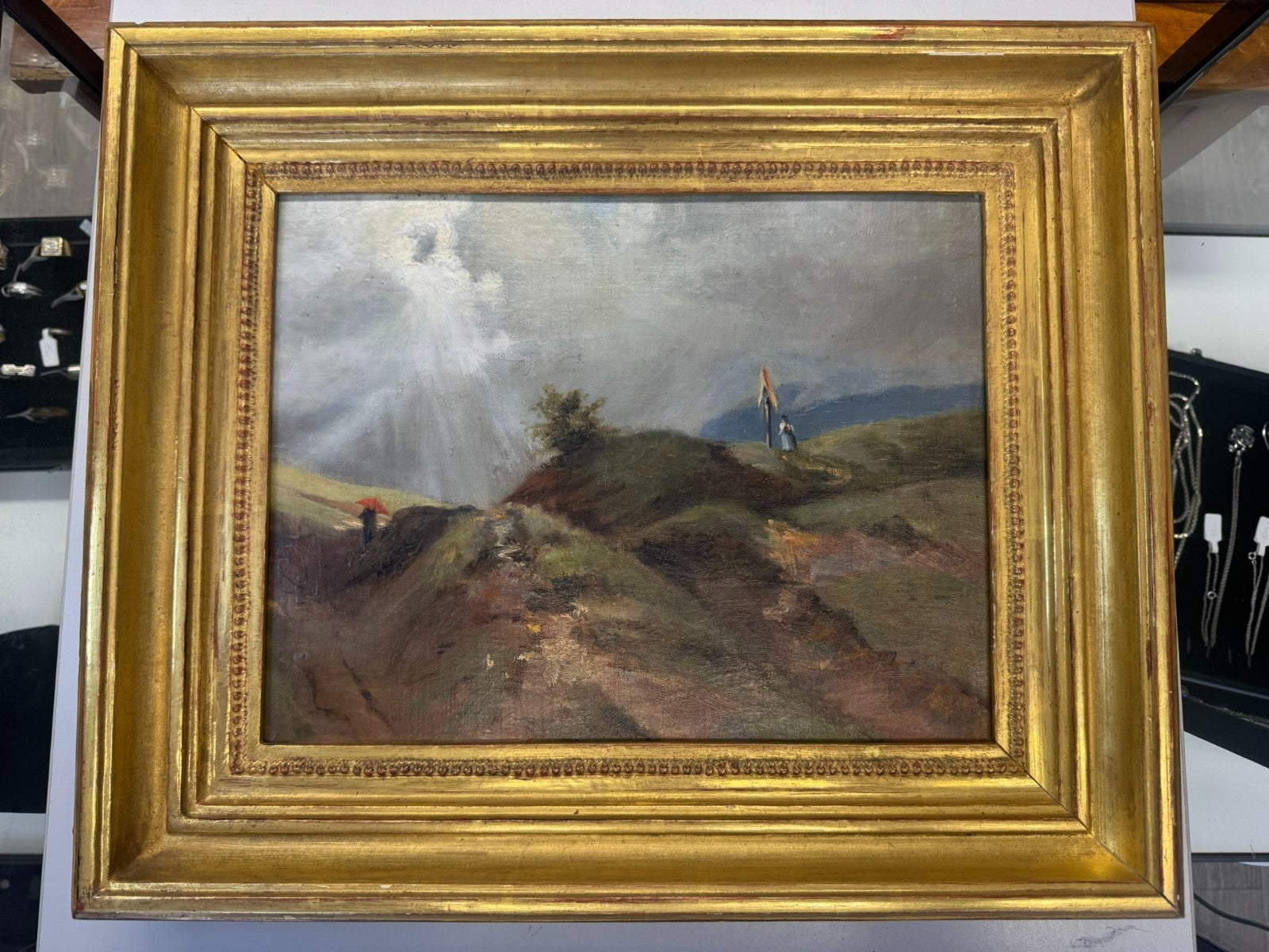 Ölgemälde Personen auf dem Berg Landschaft Blattgold Rahmen