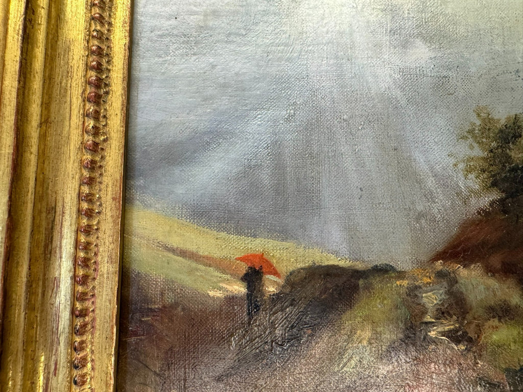 Ölgemälde Personen auf dem Berg Landschaft Blattgold Rahmen