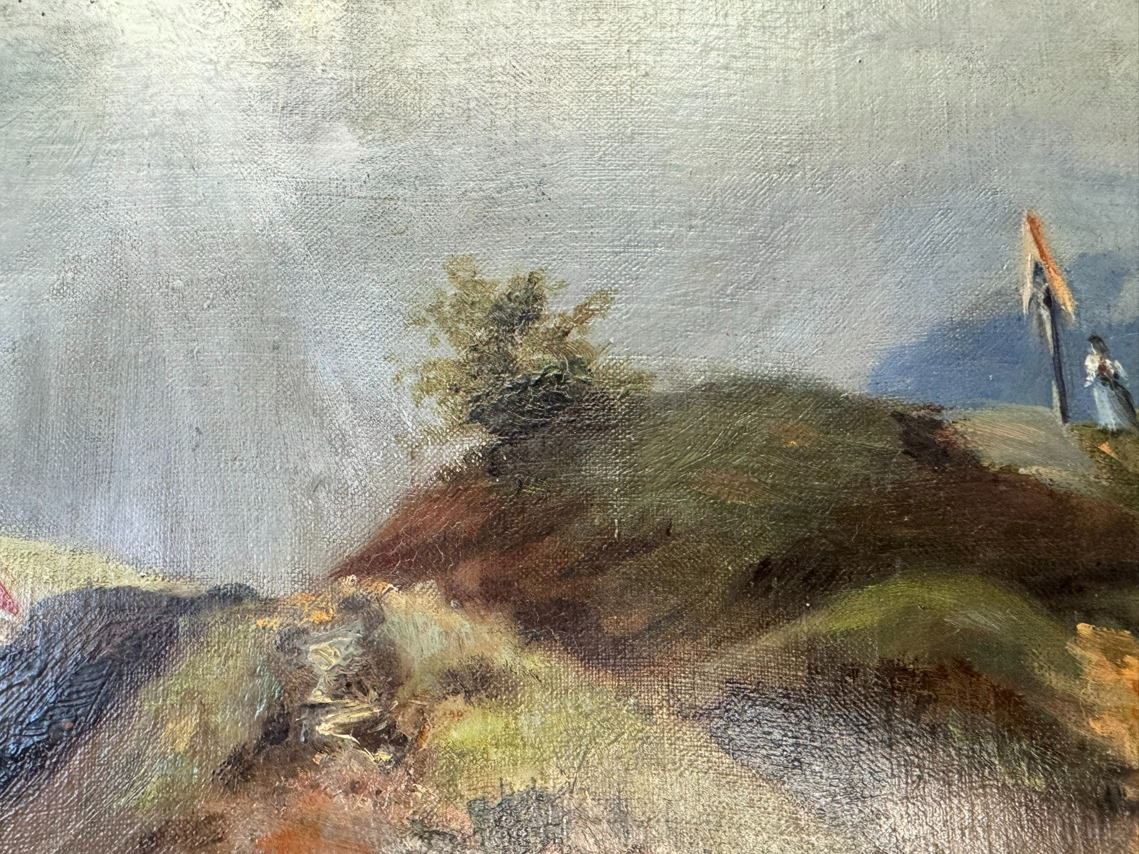 Ölgemälde Personen auf dem Berg Landschaft Blattgold Rahmen