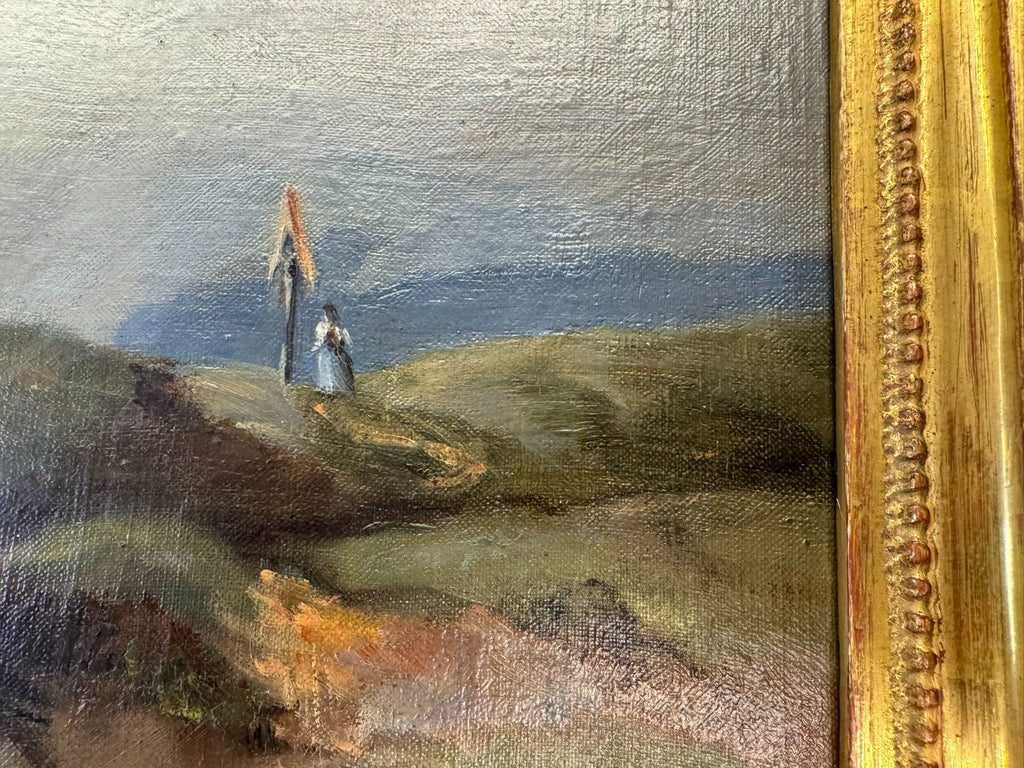 Ölgemälde Personen auf dem Berg Landschaft Blattgold Rahmen