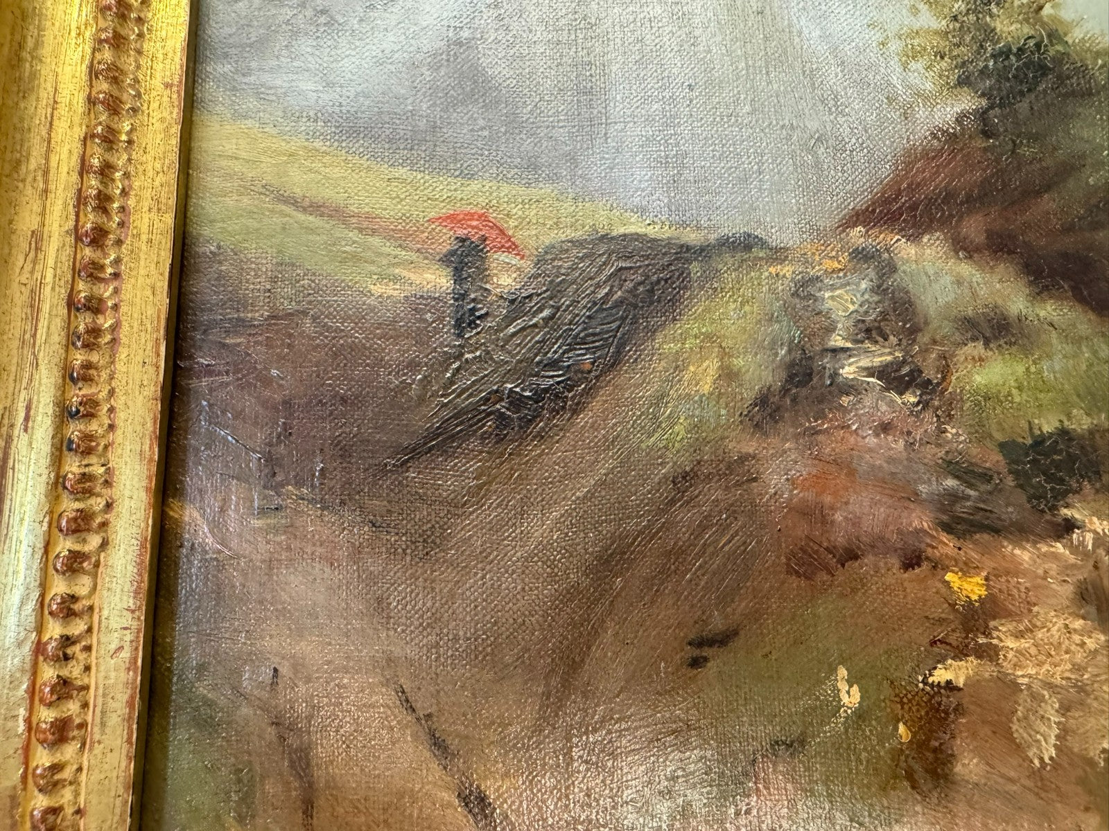 Ölgemälde Personen auf dem Berg Landschaft Blattgold Rahmen