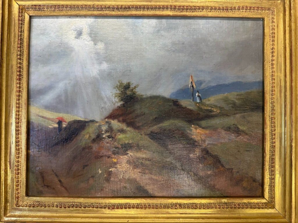 ÖLGEMÄLDE PERSONEN AUF DEM BERG LANDSCHAFT BLATTGOLD RAHMEN