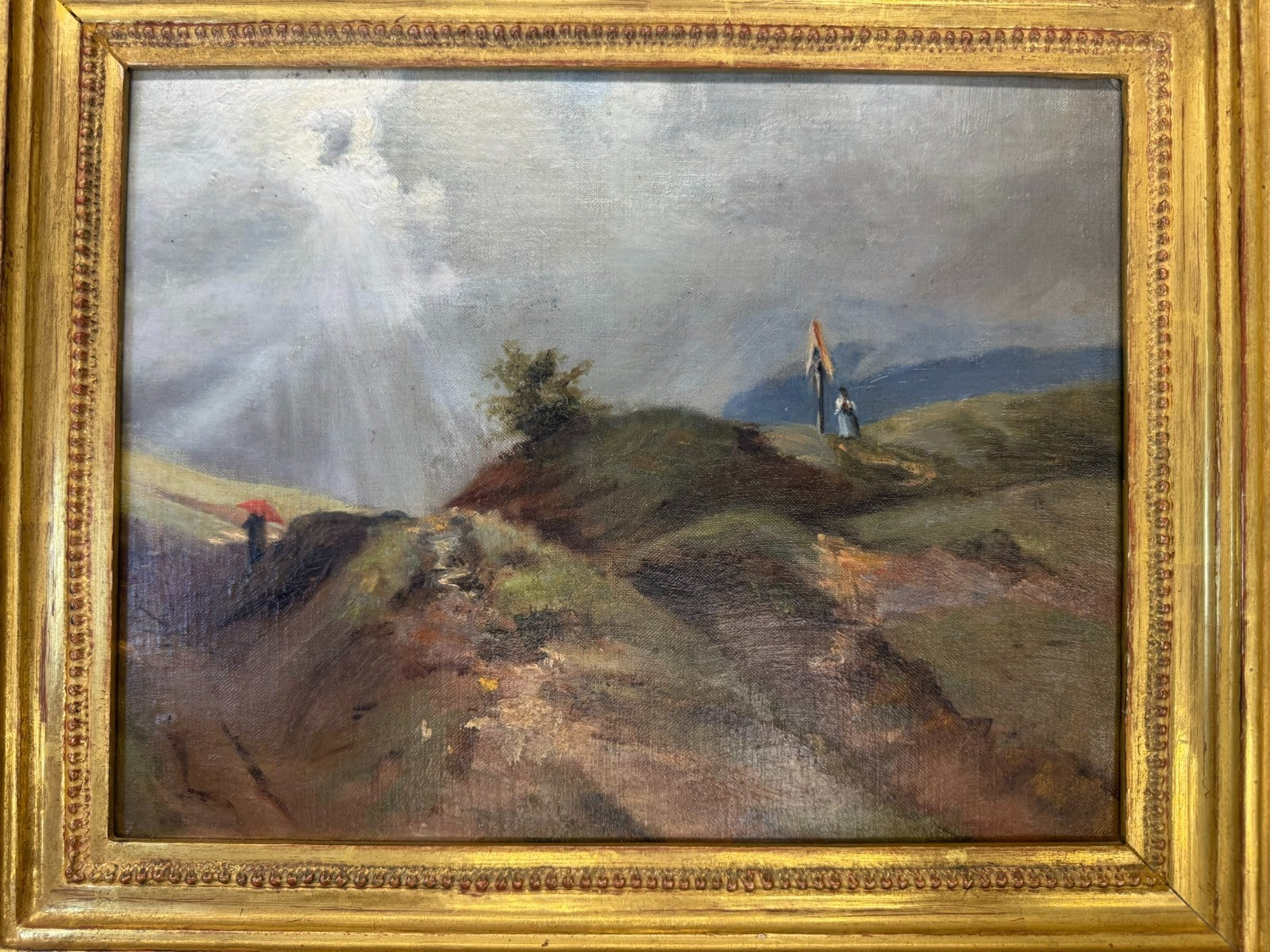 ÖLGEMÄLDE PERSONEN AUF DEM BERG LANDSCHAFT BLATTGOLD RAHMEN