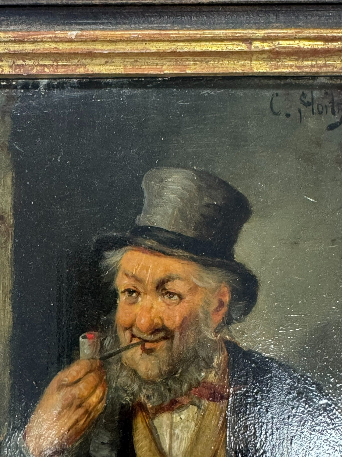 Konstantin Stoitzner (1863-1934) Ölgemälde Prunkrahmen Portrait Mann mit Pfeife