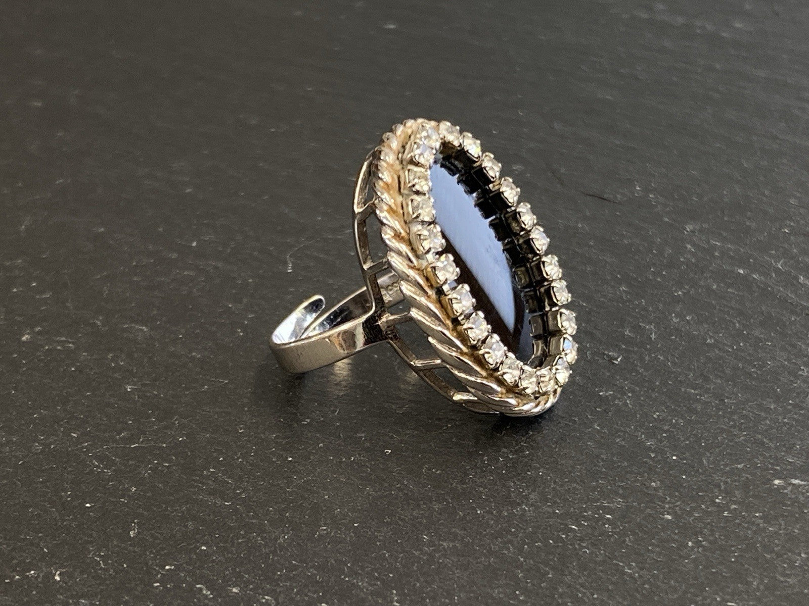 Ring oval 835 Silber Onyx Grössenverstellbar Glassteine Glas Steine