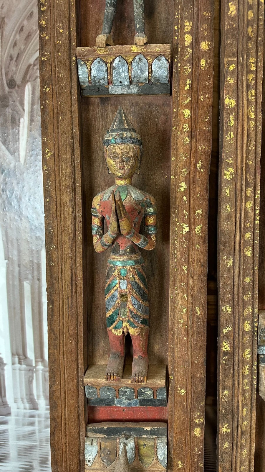 Paar antike Wand Elemente Tür Rahmen Thailand um 1900 Figuren Skulpturen 252cm
