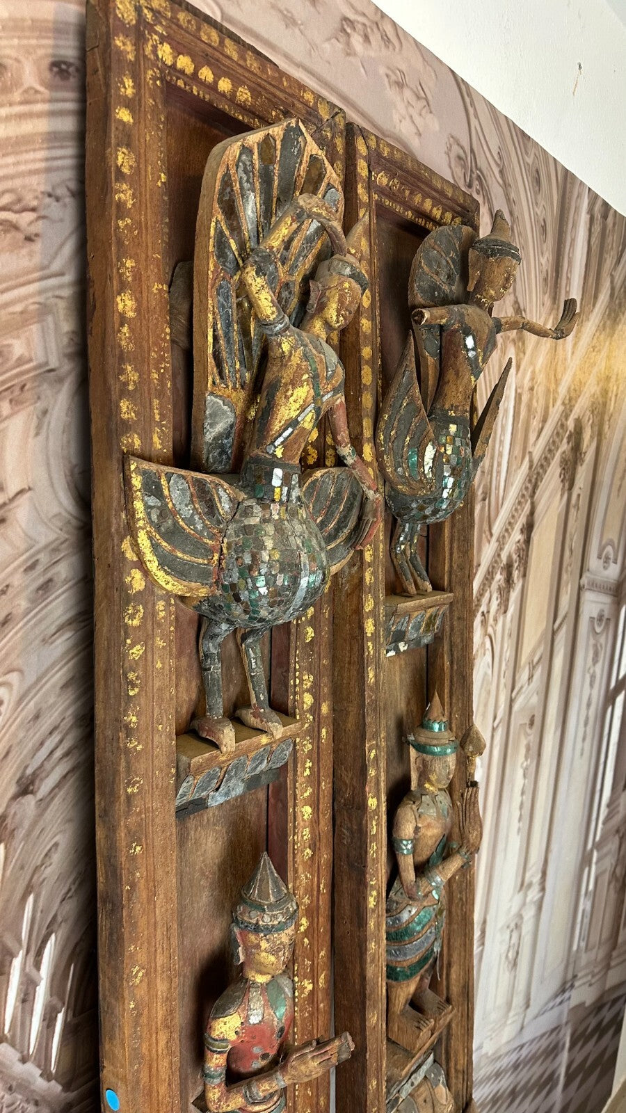 Paar antike Wand Elemente Tür Rahmen Thailand um 1900 Figuren Skulpturen 252cm