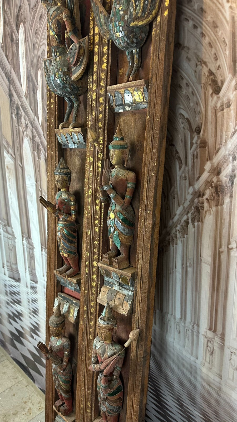 Paar antike Wand Elemente Tür Rahmen Thailand um 1900 Figuren Skulpturen 252cm