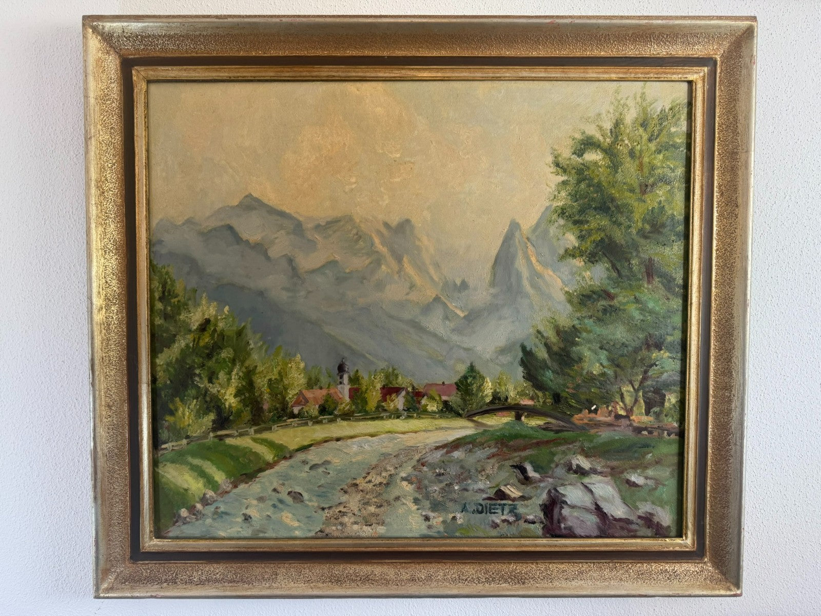Ölgemälde Garmisch mit Alpspitz und Waxenstein Landschaft signiert A. Dietz