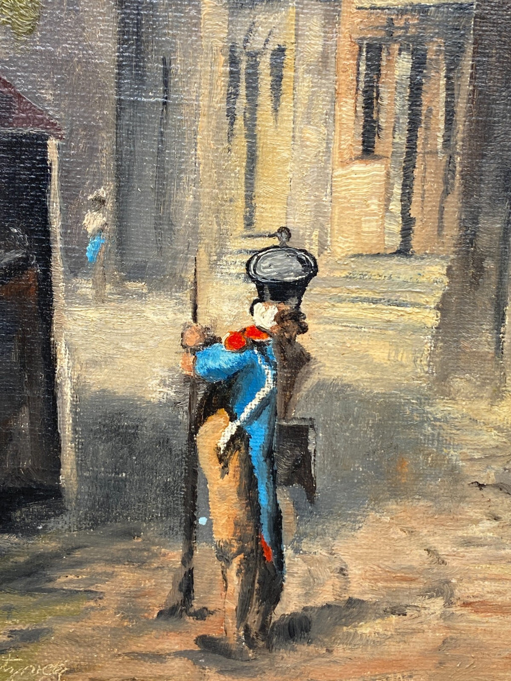 Ölgemälde Soldat in Altstadt Kopie nach Spitzweg Prunkrahmen signiert