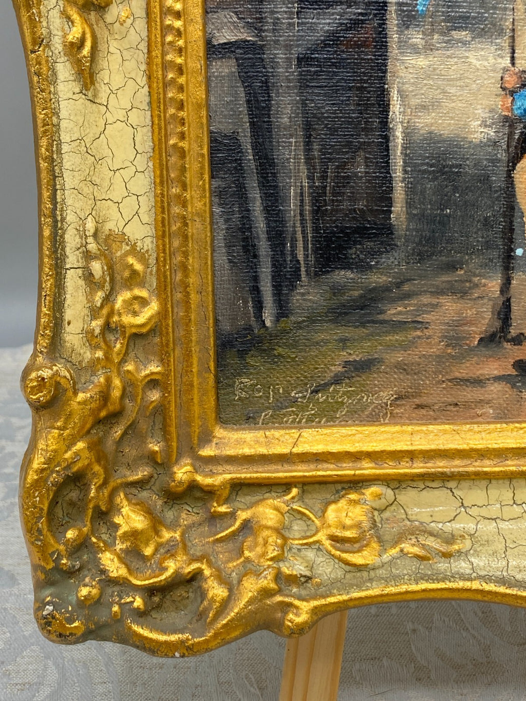 Ölgemälde Soldat in Altstadt Kopie nach Spitzweg Prunkrahmen signiert