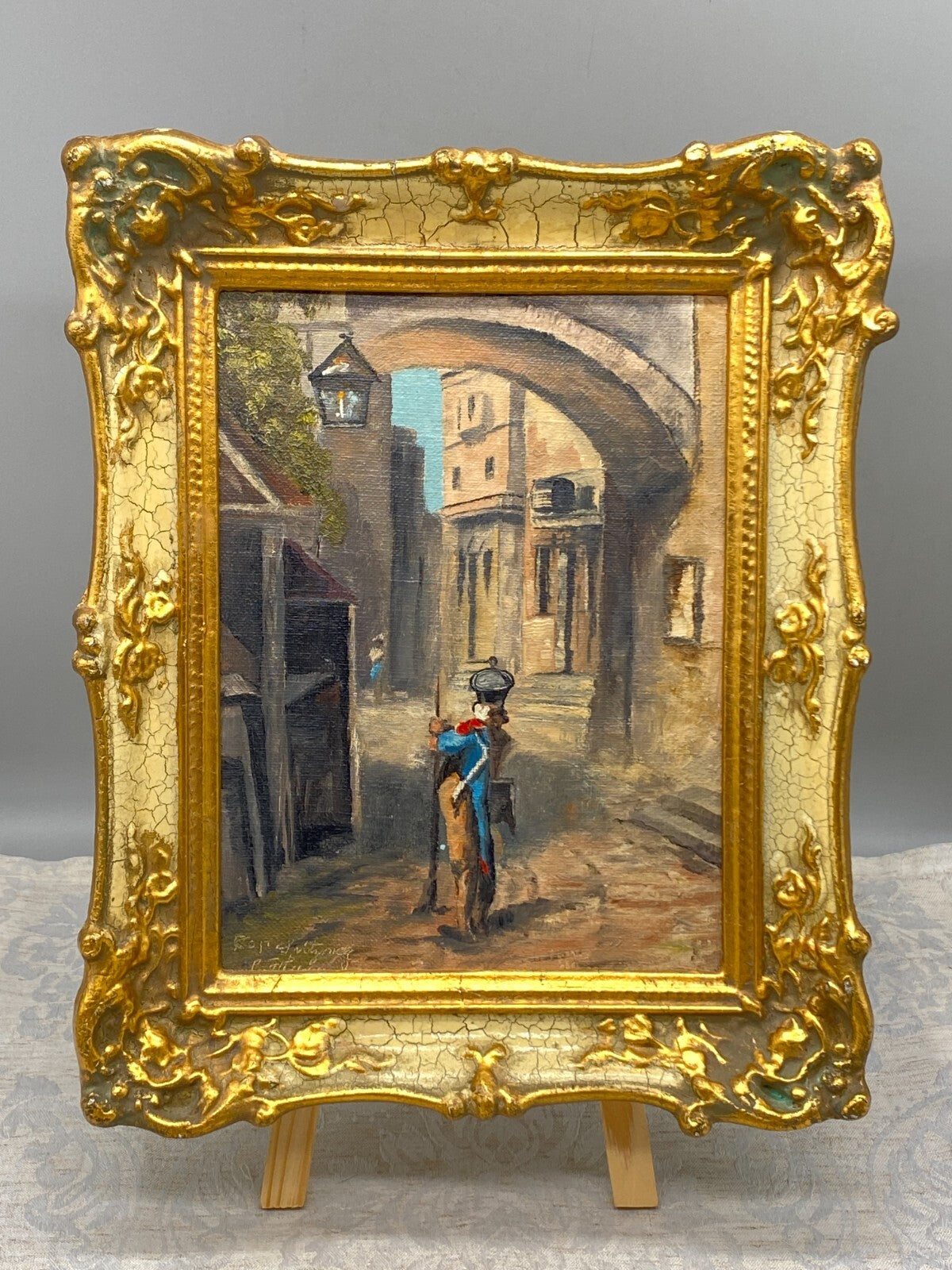 ÖLGEMÄLDE SOLDAT IN ALTSTADT KOPIE NACH SPITZWEG PRUNKRAHMEN SIGNIERT