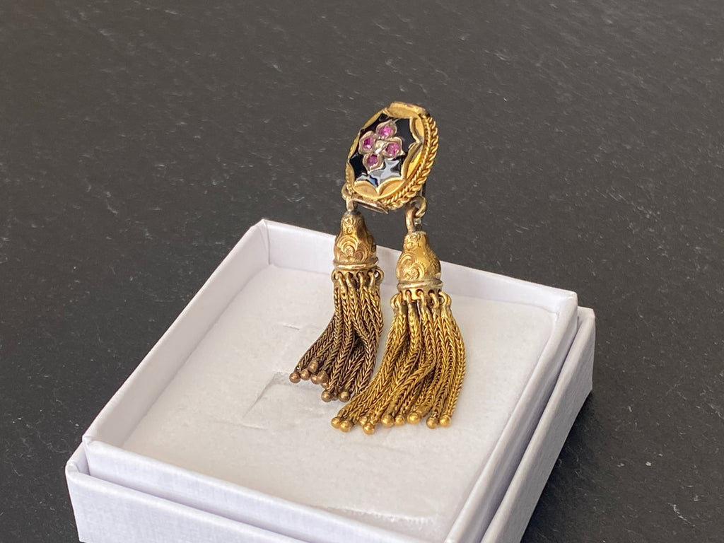 Antike Viktorianische Anstecknadel aus Gold Emaille Diamant und Saphire
