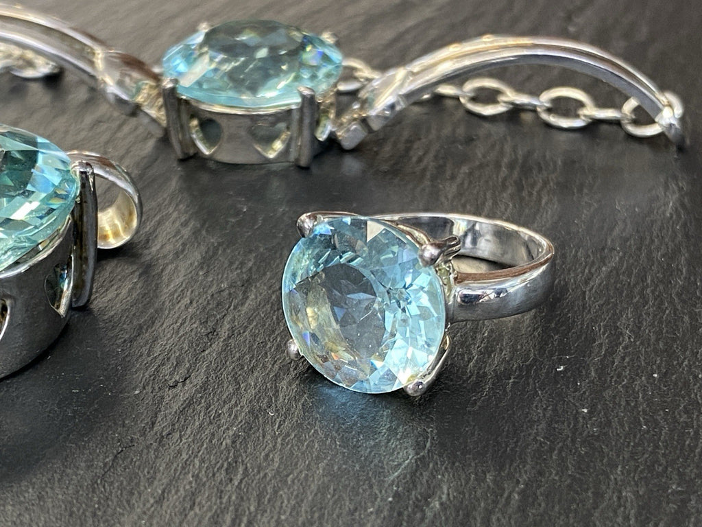Set Schmuck Mode Armband Ring Anhänger Glas Aqua Farbe 925 Sterling Silber