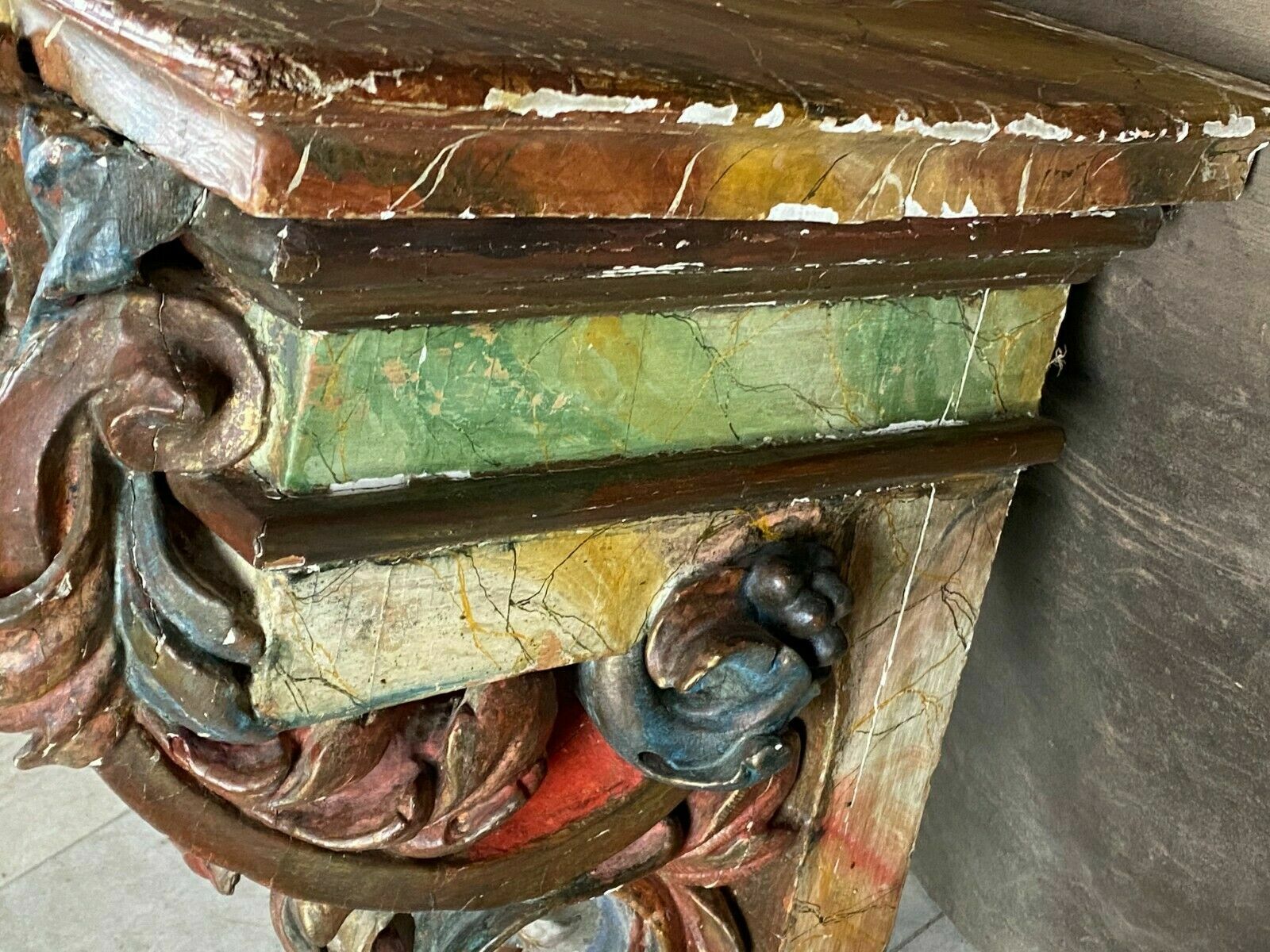 Barock Konsole Schnitzereien Holz massiv Polychrom gefasst antik 18-tes Jhdt
