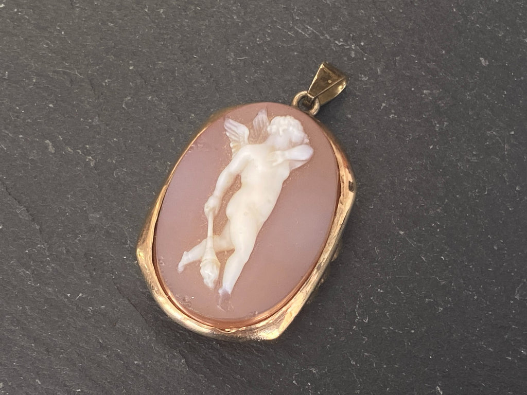 ANHÄNGER GLAS GEMME KAMEE PUTTI ENGEL FASSUNG GELB GOLD 14K 585